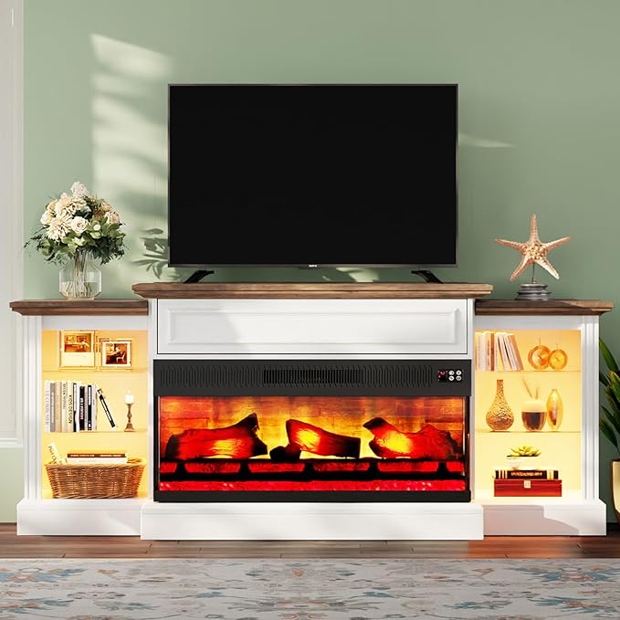 AMERLIFE 60" Electric Fireplace with Mantel, Farmhouse 3-Sided Fireplace TV Stand for TVs up to 65 Inch, Entertainment Center with Adjustable Shelves & LED Light, Distressed White