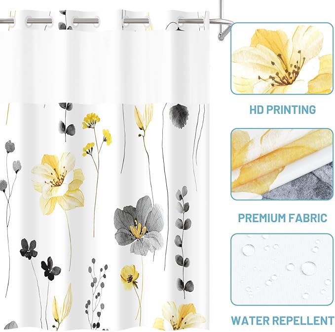 No Hook Shower Curtain with Snap in Liner - Floral Shower Curtain - Fabric Waterproof Inner Liner, Plants Watercolor Yellow Gray Modern Cloth Shower Curtains - Machine Washable, 71 x 77