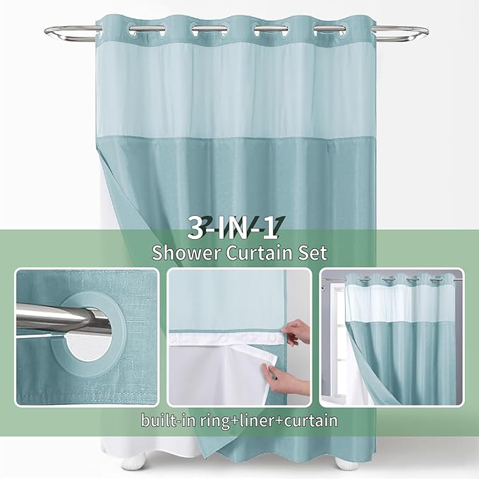 Teal No Hook Shower Curtain with Snap-in Fabric Liner Set,Slub Textured Fabric Shower Curtains for Bathroom,Hotel Style Modern Shower Curtain,Water Repellent & Washable,71x74(72)