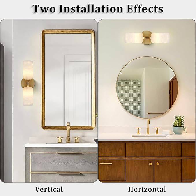 Alabaster Wall Sconces Set of Two, 14in Modern Spanish Natural Marble Bathroom Vanity Sconces, Brass Alabaster Sconce Wall Lighting, Gold Wall Light Fixtures Decor for Bedroom Living Room Staircases