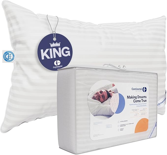 Continental Bedding | Serenity Goose Down Pillow | 700 Fill Power Hungarian White Down | 400TC Cotton Damask Shell | Made in USA | Medium, King (Pack of 1)