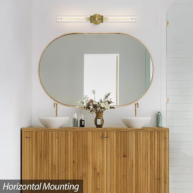 Brass Gold 2-Light Knurled Wall Sconces, 30in Double Glass Sconces Wall Lighting, Bathroom Vanity Light Sconces, Wall Lights for Living Room Bedroom Hallway Kitchen Bathroom Mirror