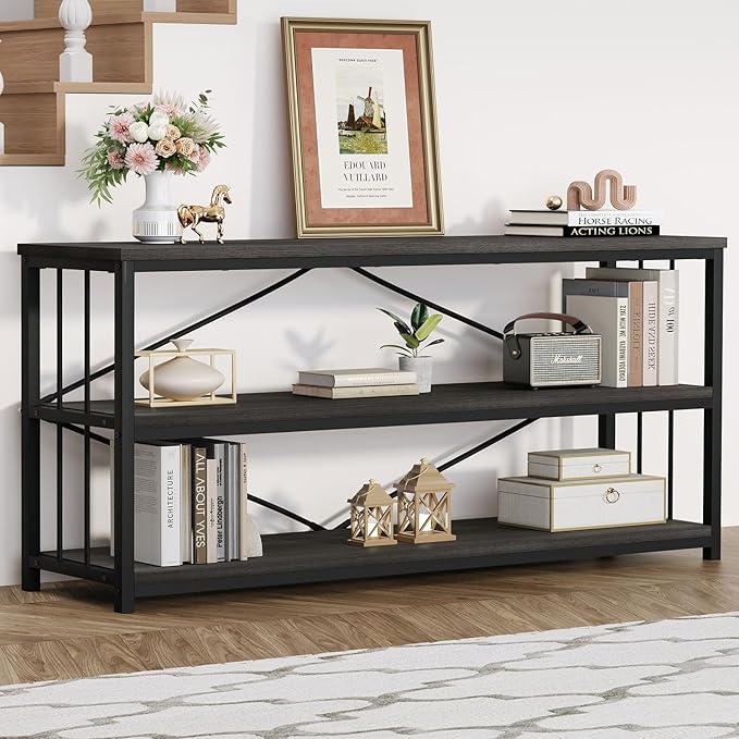 HSH Long Bookcase, Wood Metal Large Low Horizontal Book Shelf for Bedroom, Modern Open 3 Tier Etagere Bookshelf with Storage, Under Window Bookshelves for Home Office Living Room, Dark Gray, 70 Inch