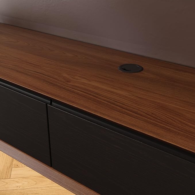 Minimalist Floating TV Stand with LED Lights, Modern Wall-Mounted Media Console with 4 Flip-Down Cabinet Doors for 85 Inch TV, Fully-Assembled, Walnut Veneer, 94"