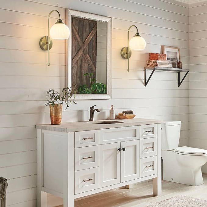 KCO Lighting 1-Lighting Milk Ribbed Glass Wall Sconce Indoor Gold and White Wall Sconce Minimalist Slim Long Sconces Brass Hallway Wall Light Fixtures Globe Vanity Lights for Bathroom Bedroom