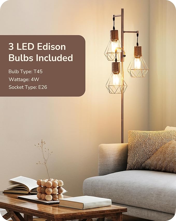 EDISHINE Farmhouse Floor Lamp Dimmable, Industrial Standing Lamp for Living Room, Diamond-Shaped Cage, Corner Rustic Rattan Tall Tree Reading Lamp Home Decor, Electroplated Brushed Red Copper