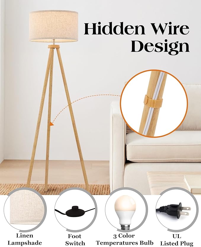 ELYONA Wood Tripod Floor Lamp for Living Room, Nordic Standing lamp with 3 Color Temperatures LED Bulb Included & Beige Linen Shade, Footswitch, Tall lamp for Bedroom, Office, Study Room, Natural Wood