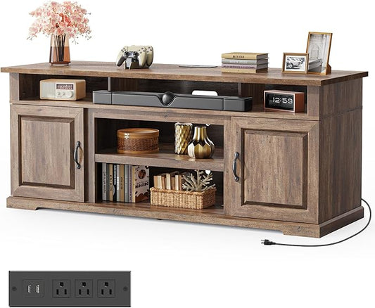 Amada TV Stand for TVs Up to 80 Inch, Entertainment Center TV Stand with Drawer Storage Cabinet, Adjustable Shelves, Cable Management, Farmhouse Rustic Wood TV Console for Living Room, Bedroom, Brown