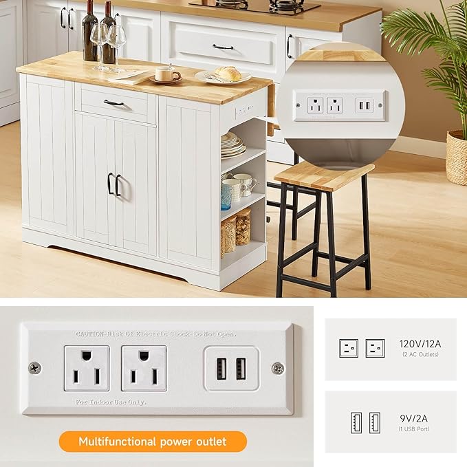 Stationary Kitchen Islands Include 2 Chairs, 47" Kitchen Island with Drop Leaf, Home Bar Table with Spice Rack & with Trash Cabinet, Island Table for Dining Room with Power Outlet, White