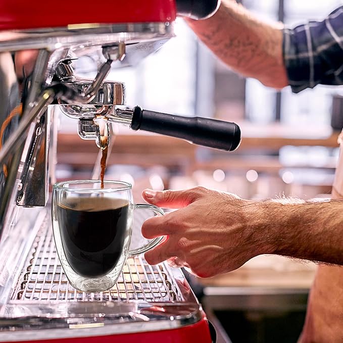 Espresso Cups, Double Wall Glass Coffee Mugs with Handle, Clear Coffee Cups, Cappuccino Lattee Tea Cup, Insulated Glassware for Hot Cold Coffee,4 Pack,12 oz