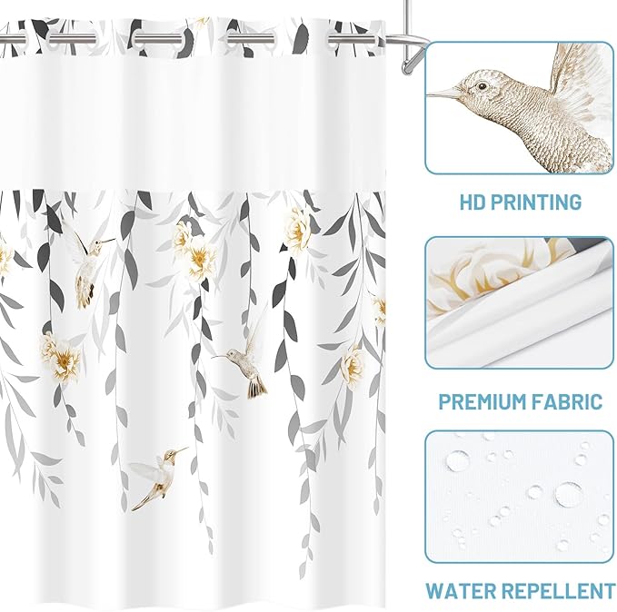 No Hook Shower Curtain with Snap in Liner - Fabric Waterproof Inner Liner, Plants Yellow Floral Grey Nature Birds Cloth Shower Curtains Washable, 71 x 74 Inch