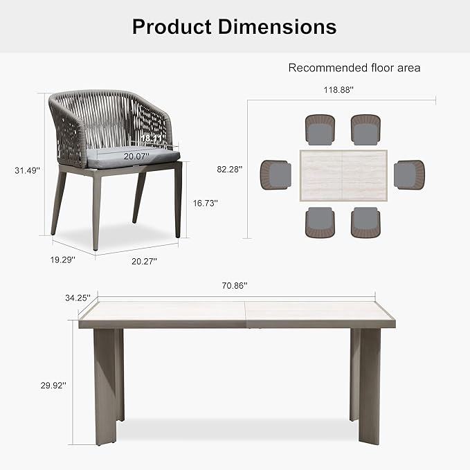 PURPLE LEAF 7 Pieces Outdoor Dining Set Patio Table and Chairs Set for 6 Aluminum Wicker Rattan Patio Furniture Set for Lawn Garden Porch Grey