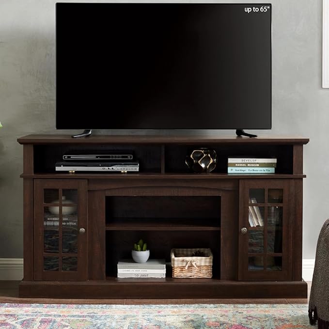 HMFULE 58" TV Stands for Living Room 55 60 65 inch Television, Entertainment Center 2 Glass Doors & Adjustable Shelves, Wood Modern Farmhouse Buffet Cabinet with Storage, Bedroom Furniture (Espresso)
