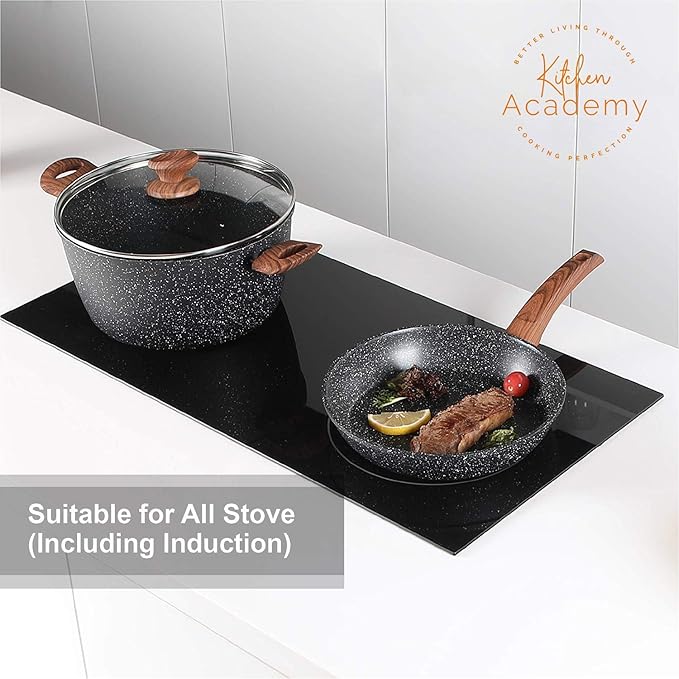 Kitchen Academy Induction Cookware Sets - 12 Piece Cooking Pan Set, Granite Black Nonstick Pots and Pans Set