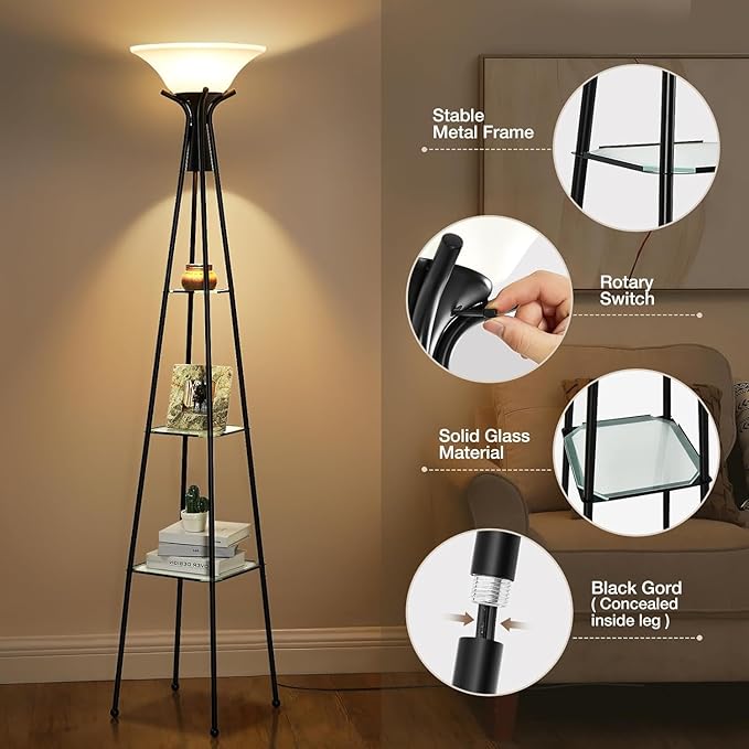 Floor Lamp with Shelves, 69” Tall Shelf Lamp with Remote Control, 3-Tier Glass Shelf Lamp, Dimmable Torchiere Floor Lamps for Living Room, Bedroom, Home Office, 3 Color Temperatures Bulbs Included