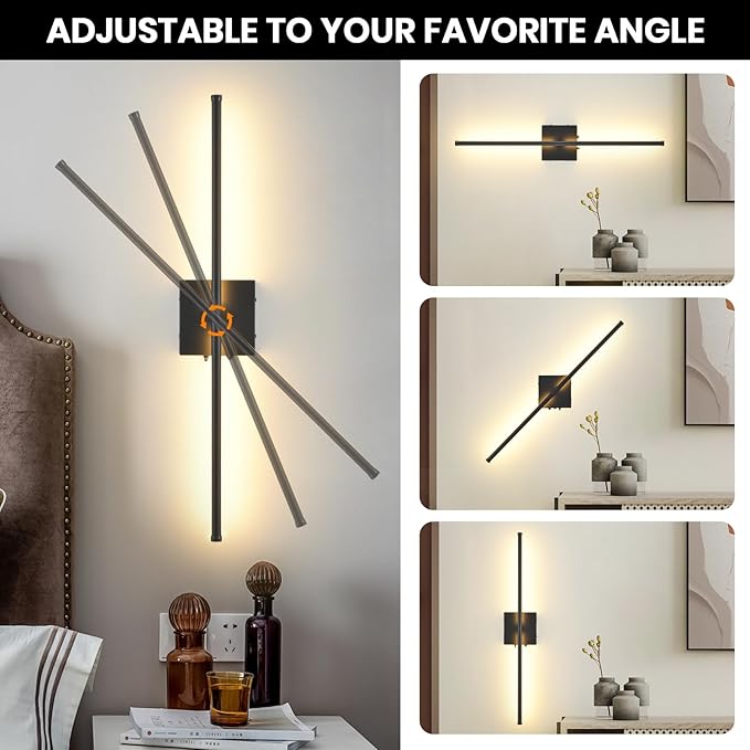 Battery Operated Wall Sconces with Remote Control, 11000mAh LED Wireless Rechargeable Black Wall Lights, 350°Rotate Dimmable Wall Lamp, 3 Color Temperatures, for Bedroom, Living Room, Hallway, 2 PCS