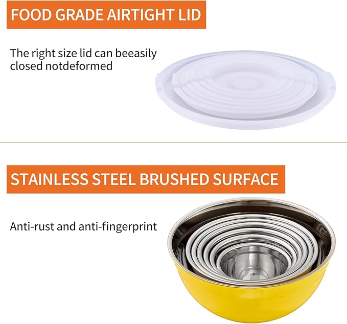 Yellow Mixing Bowls With Airtight Lids,Stainless Steel Bowl,Salad Bowls 7 Piece Colorful Nesting Bowl Yellow Kitchen Accessories,Size 7,3.6,2.7,2.1,1.5,1.1,0.8QT Stackable Design