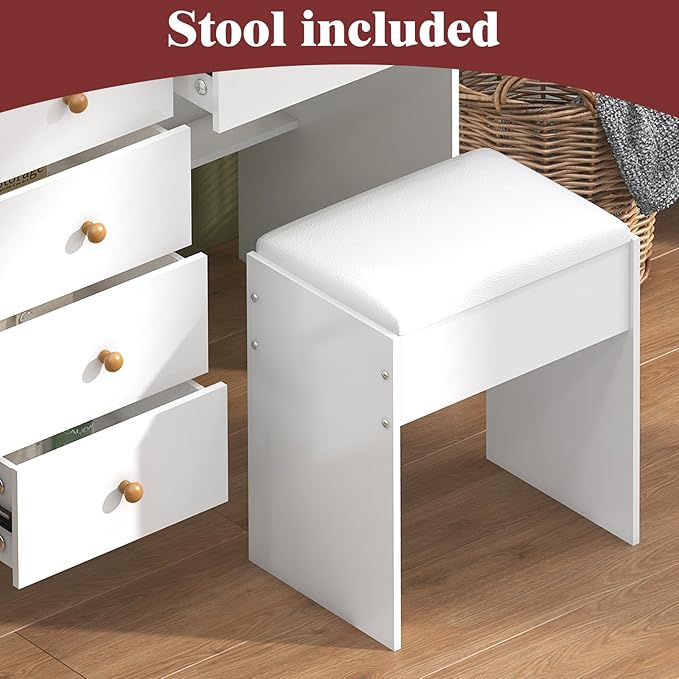 Vanity Desk with Sliding Mirror and LED Lights, Small Makeup Vanity Table Set with Chair and Drawers, White Vanity with Lighted Mirror for Bedroom, Dressing Table for Teen Girls and Women