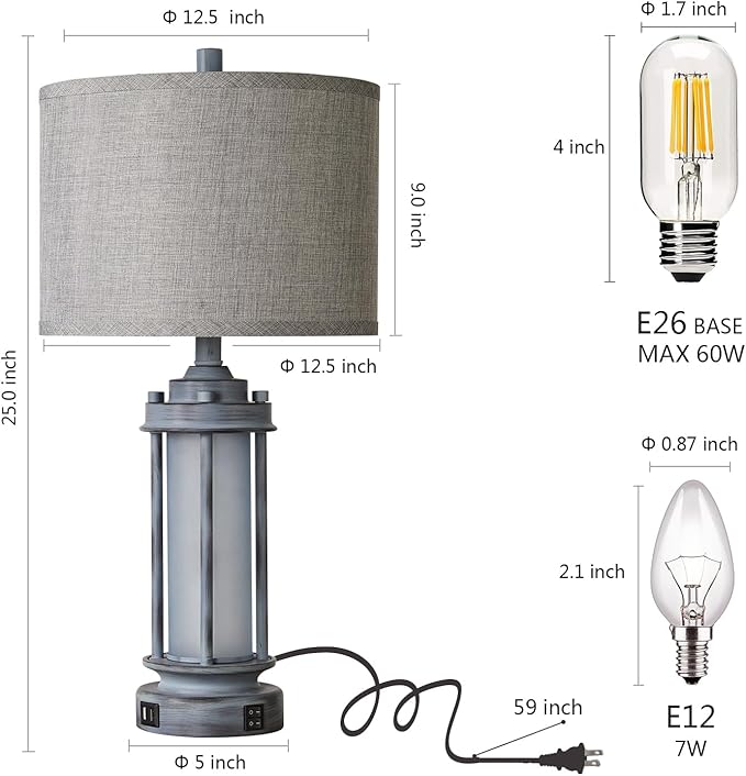 Set of 2 Rustic Table Lamps for Living Room, Farmhouse Vintage Nightstand Lamp with 2 USB Ports, Antique Retro Light Green Glass Night Light for Bedroom Entryway, 4 Bulbs Included