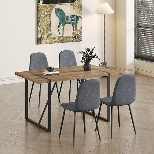 4 Chair Dining Table Set，Dinner Table Set for 4，55'' Kitchen Table and Suede Nap Fabic Chairs Set of 4, 5 Piece Dining Table Set for Kitchen Dining Room