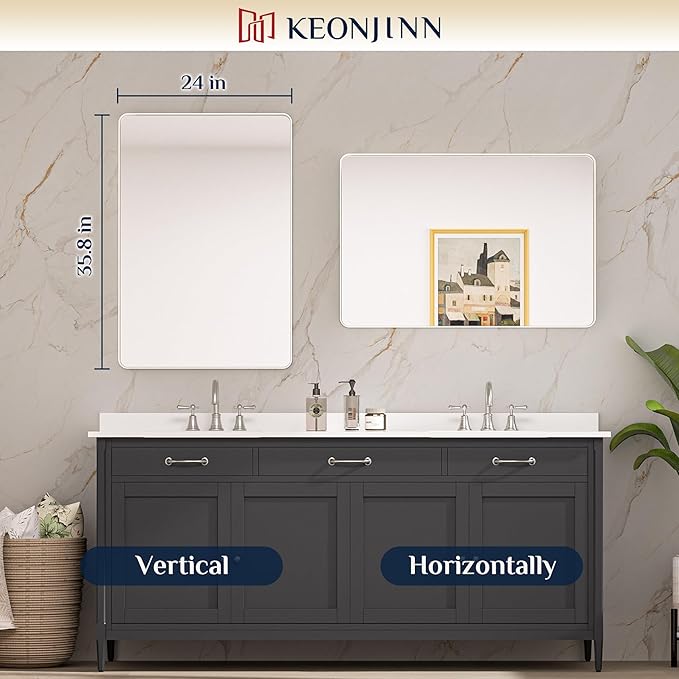 Keonjinn Brushed Nickel Mirror 24” x 36” Silver Bathroom Mirror for Over Sink, Rounded Rectangle Farmhouse Vanity Mirror with Metal Frame, HD Tempered Glass Decorative Wall Mirror(Horizontal/Vertical)