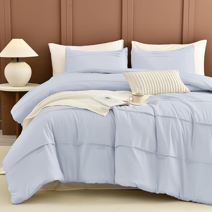 Sanracie Cotton Comforter Queen Size(90"x 95"),3 Pieces Cornflower Blue Colored Pinch Pleated Comforter Set,Soft Breathable Neutral Bed Comforter for All Season