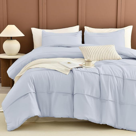 Sanracie Cotton Comforter Queen Size(90"x 95"),3 Pieces Cornflower Blue Colored Pinch Pleated Comforter Set,Soft Breathable Neutral Bed Comforter for All Season