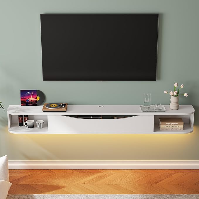 Floating TV Stand,70'' Wall Mounted TV Cabinet,Floating TV Console,Under TV Shelf with 1 Door and 2 Cabinets for TVs up to 75''(White)