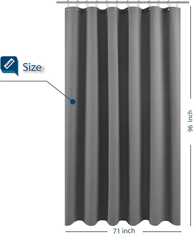 BAROSSA design XLong Fabric Waffle Weave Shower Curtain 96 inch Height, Hotel Luxury Spa, Water Repellent, 230 GSM Heavy Duty, Machine Washable, Gray, 71x96