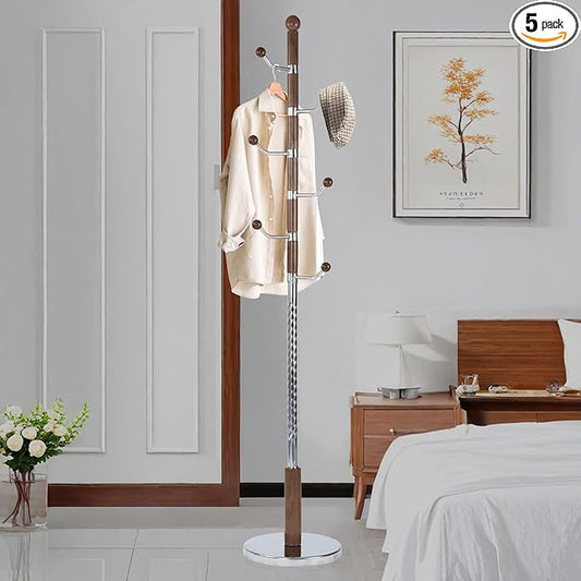 Coat Rack Freestanding, Metal Wooden Coat Tree with 6 Hooks, Heavy Duty Coat Hanger Stand with Resin and Stainless Steel Base, Free Standing Hall Tree for Scarf, Bag, Jacket (Walnut metal)