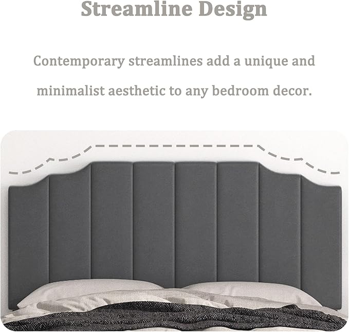 Queen Size Headboard Only, Velvet Wall Mounted Headboard Queen/Full Size for Adjustable Bed, Modern Vertical Channel Design with Curved Tufted Upholstered Head Board,Dark Gray