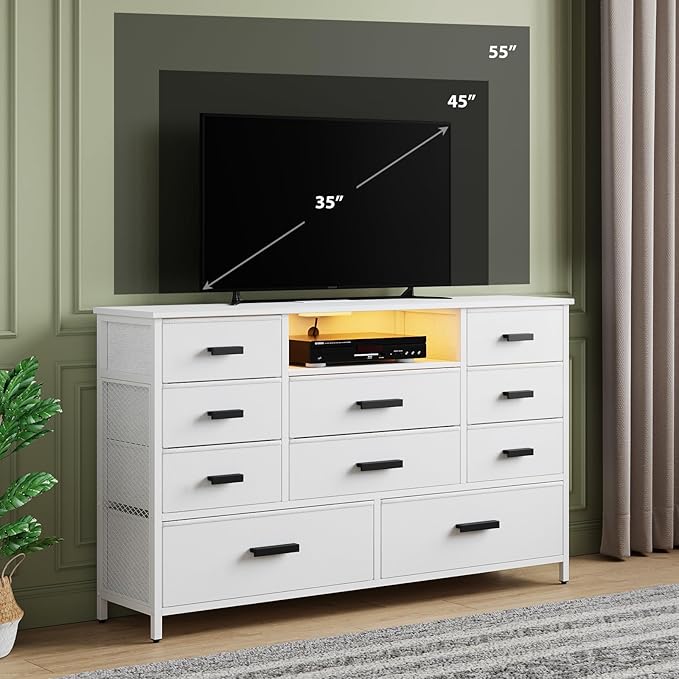 Dresser with Charging Station, White Dresser for Bedroom with 10 Drawers, TV Stand Storage with LED Light for 55" TV, Fabric with PU Finish, Morden Chest of Drawers for Bedroom, Closet