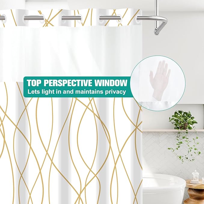 No Hook Gold White Striped Stall Shower Curtain with Snap in Liner Set - Hotel Shower Curtain and Liner Set with See Through Mesh Top Window,Machine Washable, 54x80 INCH