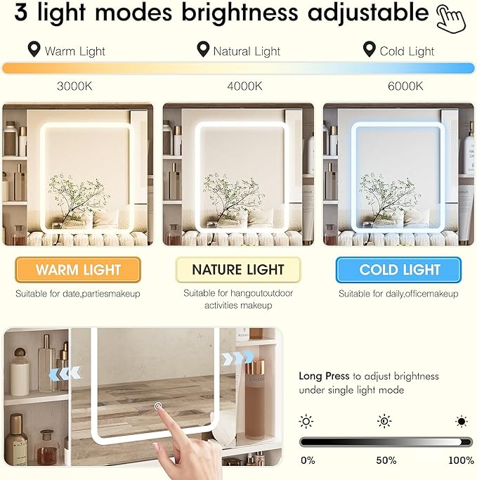 Vabches Makeup Vanity Desk with Sliding Mirror, 41.8'' White Farmhouse Vanity Table with Stool, Jewelry Cabinet & Charging Station, Large Drawer, Visual Cabinet, 3 Lighting Modes, Adjustable Shelves