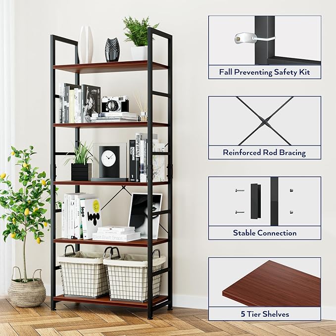 NUMENN 5 Tier Bookshelf, Tall Bookcase Shelf Storage Organizer, Modern Book Shelf for Bedroom, Living Room and Home Office, Teak