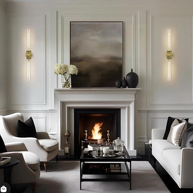 Brass Gold 2-Light Knurled Wall Sconces, 30in Double Glass Sconces Wall Lighting, Bathroom Vanity Light Sconces, Wall Lights for Living Room Bedroom Hallway Kitchen Bathroom Mirror