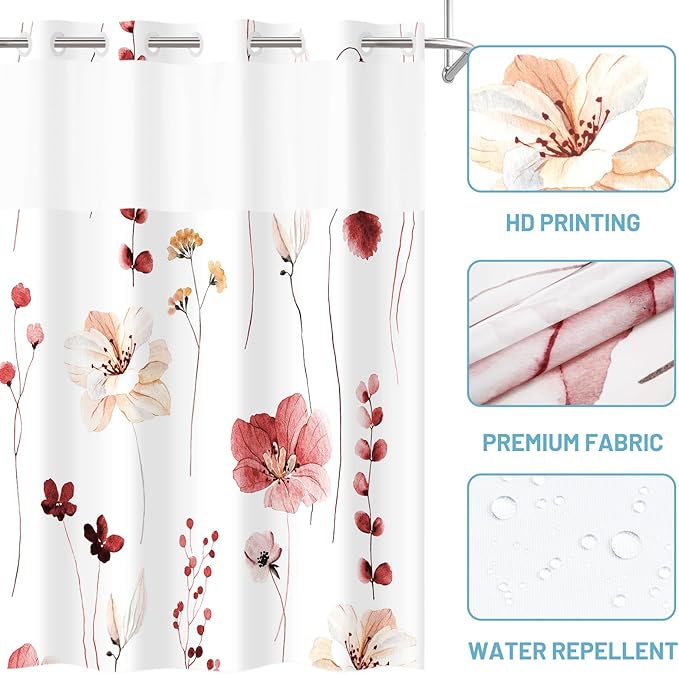No Hook Shower Curtain with Snap in Liner - Floral Shower Curtain - Fabric Waterproof Inner Liner, Plants Watercolor Red Modern Cloth Shower Curtains - Machine Washable, 71 x 74