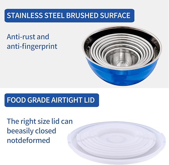 Blue Mixing Bowls with Airtight Lids, Stainless Steel Nesting Mixing Bowls Set of 7, Ideal for Baking, Prepping and Serving Food, Size 7, 3.6, 2.7, 2.1, 1.5, 1.1,0.8 QT, Stackable Design
