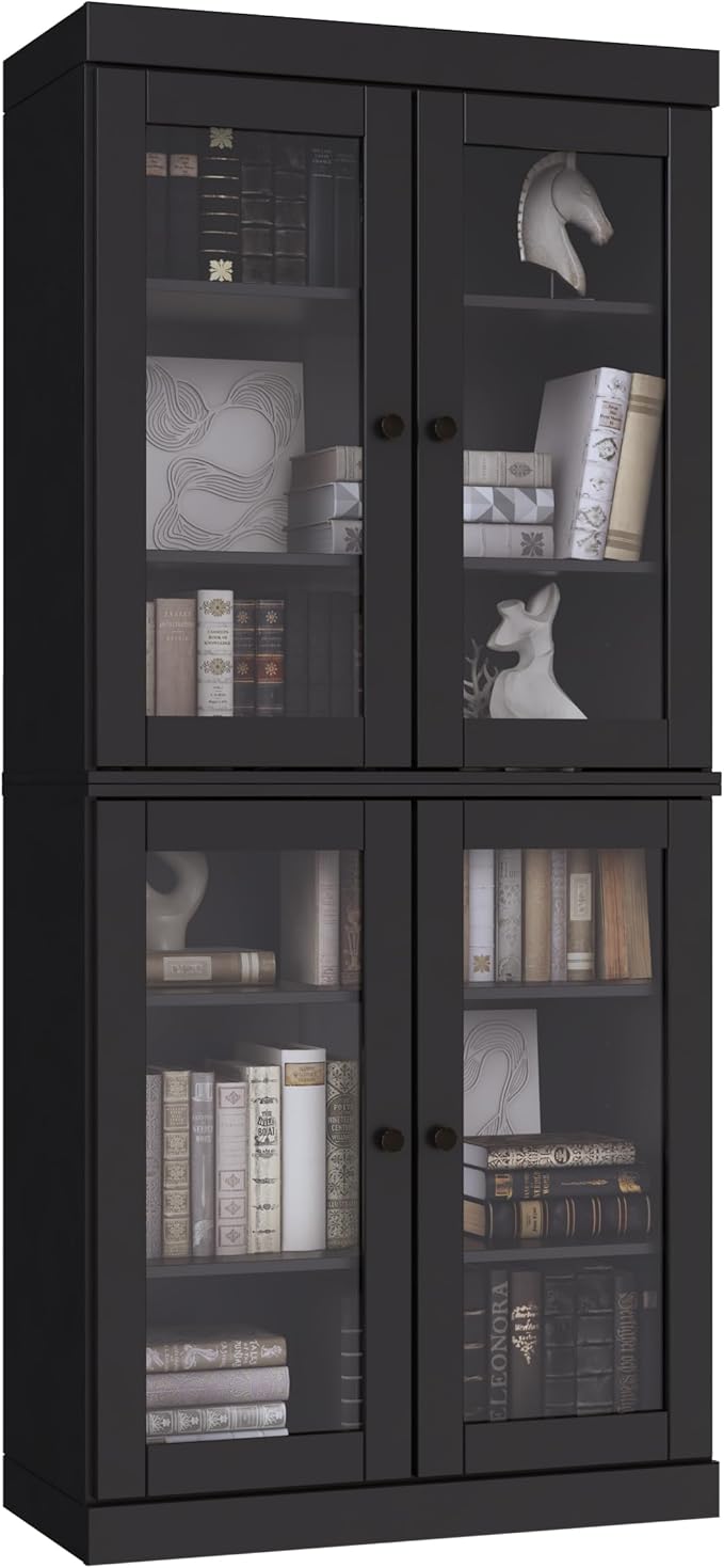 Palace Imports Solid Wood Bookcase - 6-Tier Bookshelf, 71.5” H x 32” W - Black, Clear Glass Cabinet Doors & Adjustable Shelves, Tall Bookcase, 100% Renewable Eco-Friendly Wood, Made in Brazil