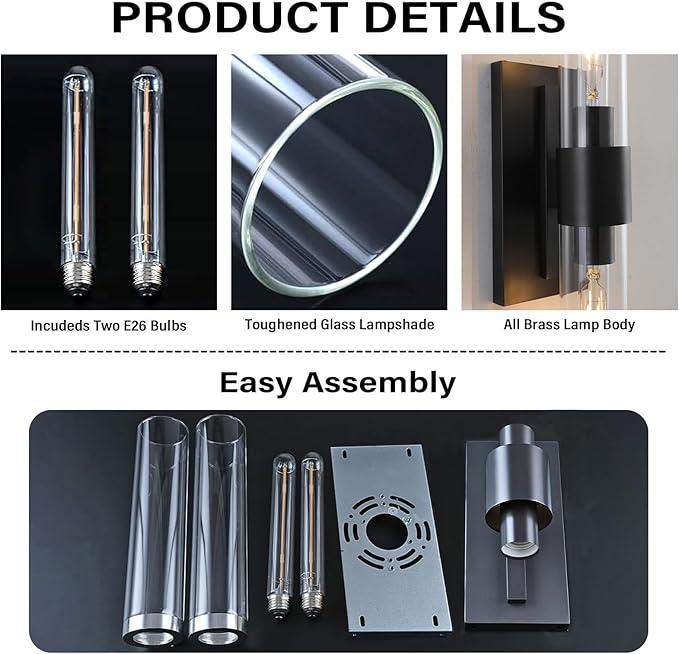 Black Wall Sconces Set of Two, Copper Wall Lights for Bathroom Vanity, 22.8" Modern Wall Sconces 2-Light, Indoor Wall Mounted Sconces for Bathroom Mirror, Bedroom, Living Room