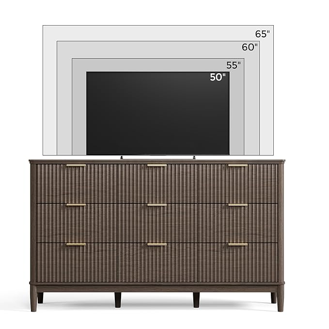 LINSY HOME Fluted Dresser for Bedroom with 9 Drawers, 58" Wide Chest of Drawers, Mid Century Modern Dresser TV Stand with Metal Handle, Wood Closet Storage Cabinet for Living Room, Hallway, Walnut