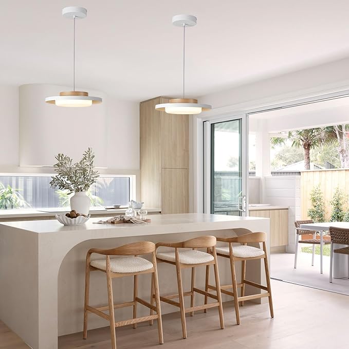 Mid Century Modern Pendant Lighting,15.7 inch,Natural Wood Cap, 3000K/Warm White/22W,Dimmable LED Pendant Light Fixtures, for Kitchen, Dining Room, Living Room