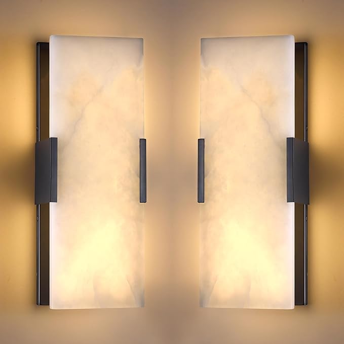 2 Pack 2 Light Natural Square Alabaster Marble Bathroom 15 Inch Wall Sconce Modern Concise Style Wall Light Fixtures,Dark Gray Finish for Bedroom Hallway Bedside Living Room