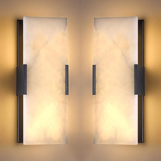 2 Pack 2 Light Natural Square Alabaster Marble Bathroom 15 Inch Wall Sconce Modern Concise Style Wall Light Fixtures,Dark Gray Finish for Bedroom Hallway Bedside Living Room