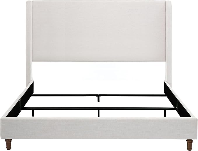 King Size Upholstered Bed Frame with 54" Tall Wingback Headboard, Chenille Fabric, Sturdy Metal and Wood Support, Solid Wood Feet, Box Spring Required (Ivory White Chenille, King)