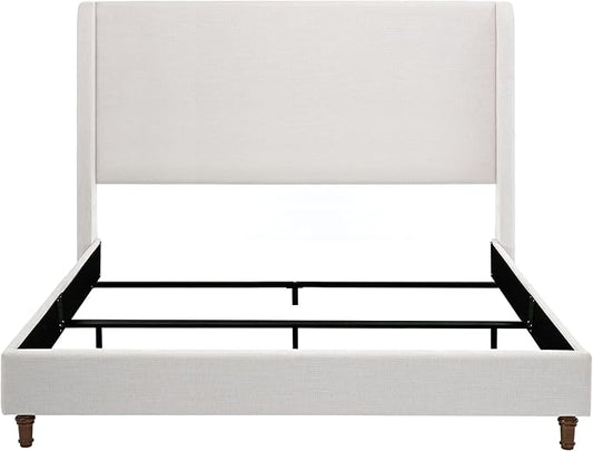 King Size Upholstered Bed Frame with 54" Tall Wingback Headboard, Chenille Fabric, Sturdy Metal and Wood Support, Solid Wood Feet, Box Spring Required (Ivory White Chenille, King)