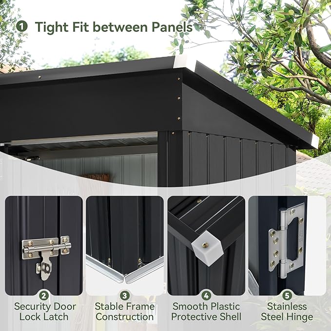 Aoxun 5x3FT Outdoor Shed Metal Storage Shed with Single Slooping Roof Lockable Door Steel Utility Tool Shed Outdoor Storage Garden Shed for Backyard Garden Patio Lawn, Black