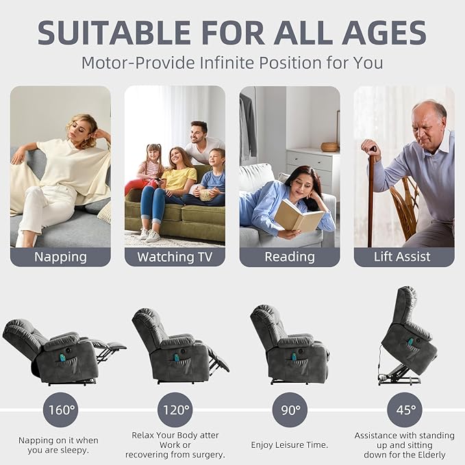 Power Lift Recliner Chair for Elderly, Electric Recliner Chairs for Adults with Massage and Heat, Cup Holders, Remote Control, USB Ports, Side Pockets, Leather (Aluminum Gray)