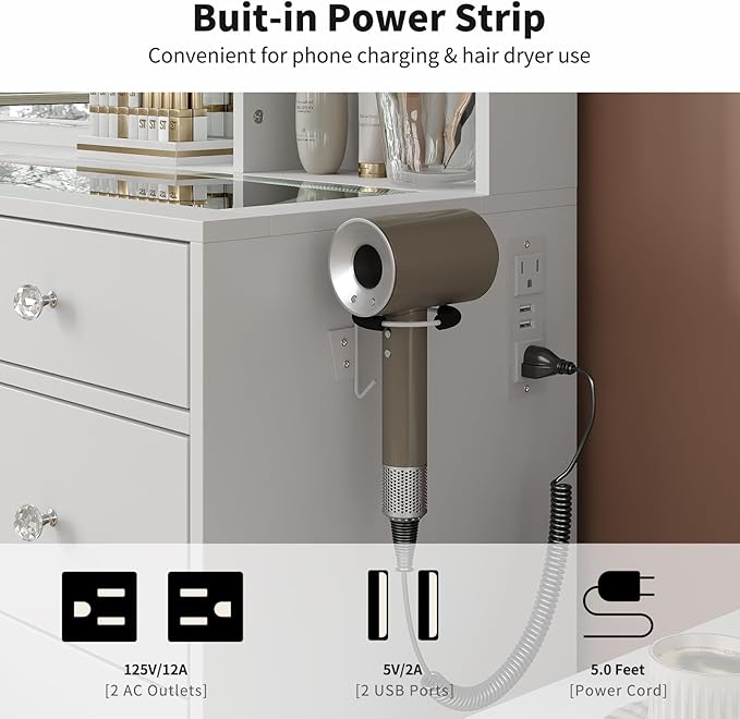 Vanity Desk with Power Outlet, 10 Drawers Makeup Vanity with Mirror and Lights, 3 Colors Adjustable, Fold-up Panel, Glass Top Vanity Set for Bedroom