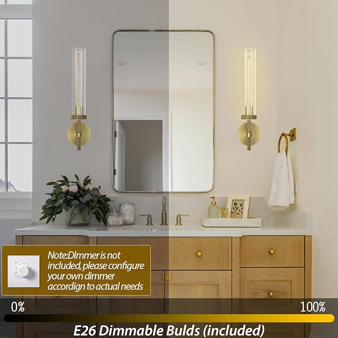 Modern Brass Wall Sconces, Glass Tube Sconces, Gold Bathroom Vanity Light Fixtures, Indoor Wall Sconces for Living Room Bedroom Hallway Kitchen Bathroom Mirror(Including Bulb)